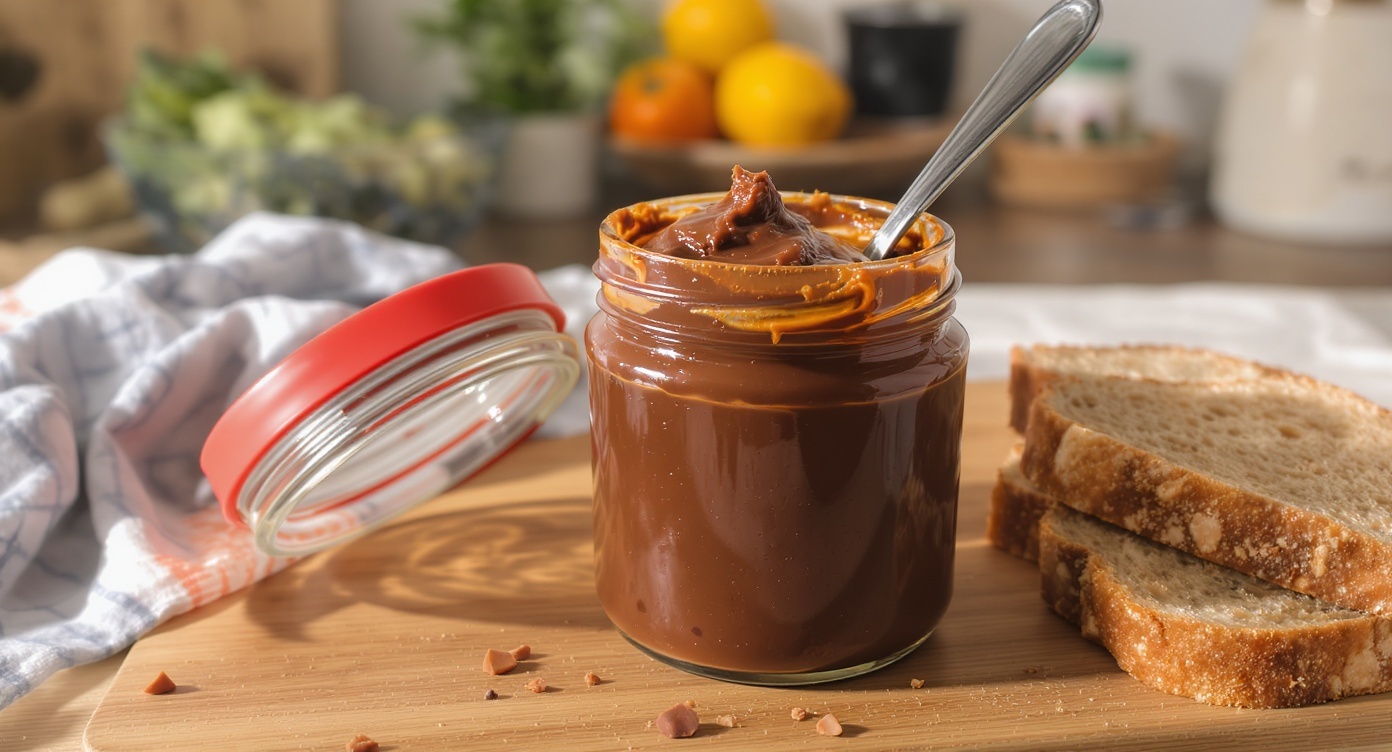 Healthy Chocolate Peanut Butter Recipe A jar of healthy chocolate peanut butter with a spoon, surrounded by slices of whole-grain bread on a wooden table.